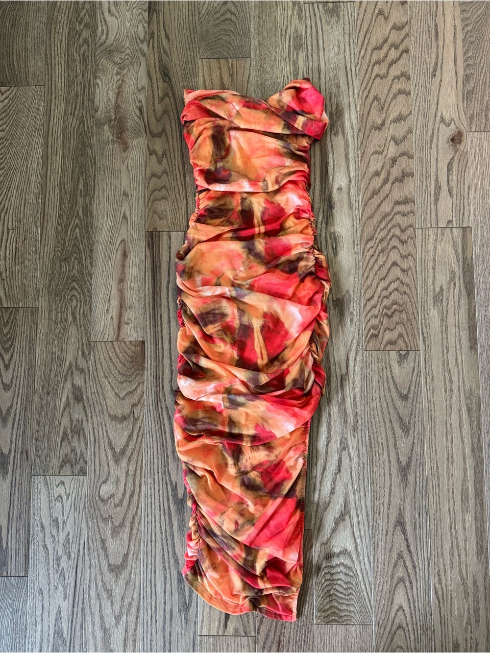 Windsor Strapless Ruched Midi Dress in Orange & Pink Watercolor